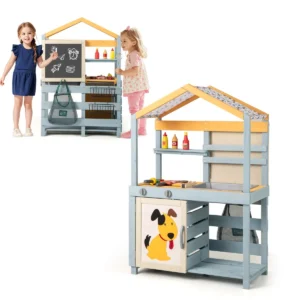 2 in 1 modderkeuken voor kinderen buiten houten kinderkeuken met tas & manden plank speelkeuken met verwijderbare gootsteen 1