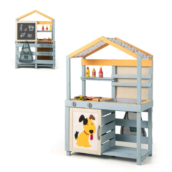 2 in 1 modderkeuken voor kinderen buiten houten kinderkeuken met tas & manden plank speelkeuken met verwijderbare gootsteen 2