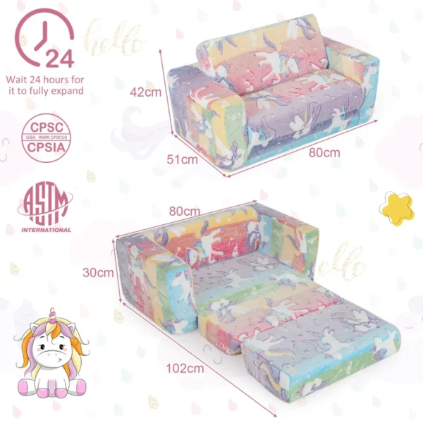 2 in 1 opklapbare sofa voor kinderen/sofa om te bouwen tot chaise longue/afneembare hoes van flanelstof en vrolijke patronen/van zacht pluche 3