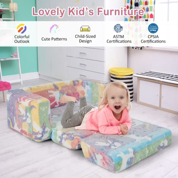 2 in 1 opklapbare sofa voor kinderen/sofa om te bouwen tot chaise longue/afneembare hoes van flanelstof en vrolijke patronen/van zacht pluche 5