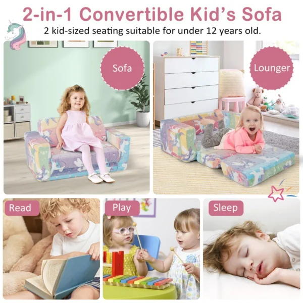 2 in 1 opklapbare sofa voor kinderen/sofa om te bouwen tot chaise longue/afneembare hoes van flanelstof en vrolijke patronen/van zacht pluche 7