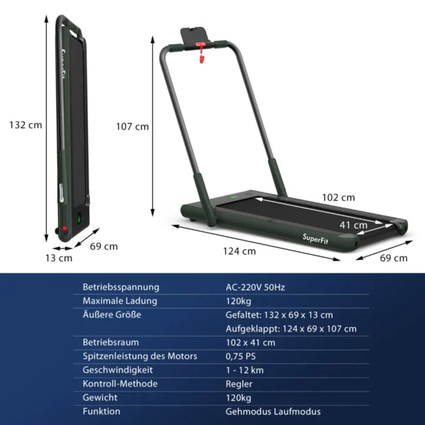 2 in 1 opvouwbare loopband 2,25hp onder bureau loopband met app & afstandsbediening telefoonhouder led display groen 2