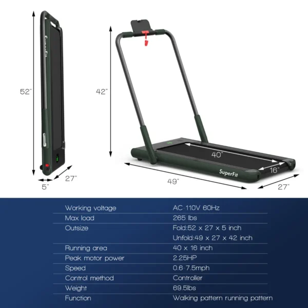2 in 1 opvouwbare loopband 2,25hp onder bureau loopband met app & afstandsbediening telefoonhouder led display groen 3