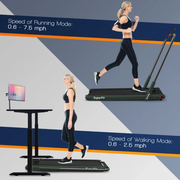 2 in 1 opvouwbare loopband 2,25hp onder bureau loopband met app & afstandsbediening telefoonhouder led display groen 4