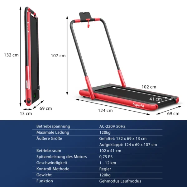 2 in 1 opvouwbare loopband 2,25hp onder bureau loopband met app & afstandsbediening telefoonhouder led display rood 2