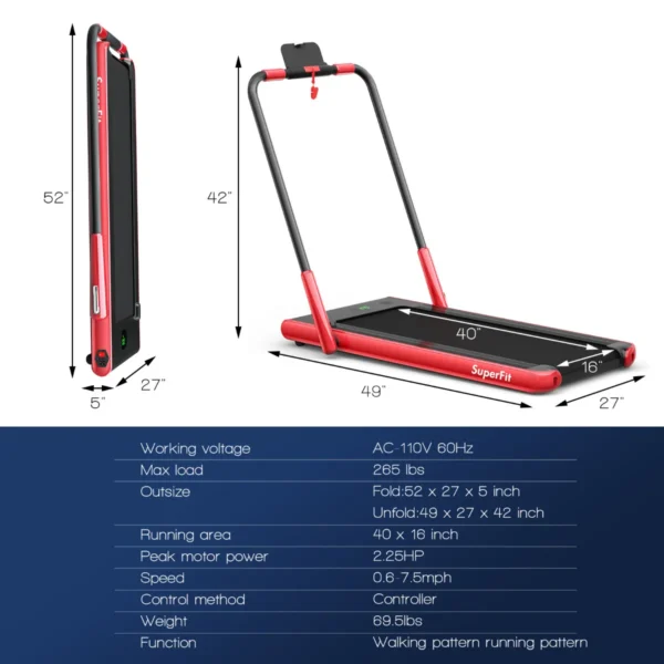 2 in 1 opvouwbare loopband 2,25hp onder bureau loopband met app & afstandsbediening telefoonhouder led display rood 3