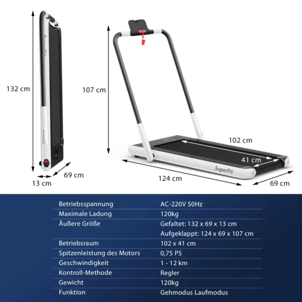 2 in 1 opvouwbare loopband 2,25hp onder bureau loopband met app & afstandsbediening telefoonhouder led display wit 2