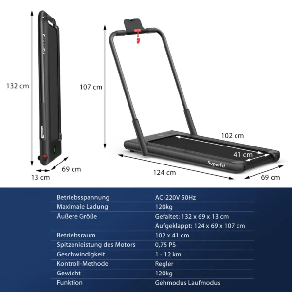 2 in 1 opvouwbare loopband 2,25hp onder bureau loopband met app & afstandsbediening telefoonhouder led display zwart 2