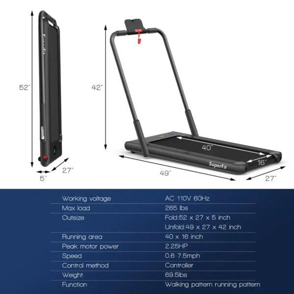 2 in 1 opvouwbare loopband 2,25hp onder bureau loopband met app & afstandsbediening telefoonhouder led display zwart 3
