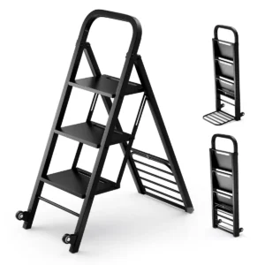2 in 1 opvouwbare trap ladder met 3 brede treden trolley met wielen stevige rollende metalen ladder en trolley zwart 1