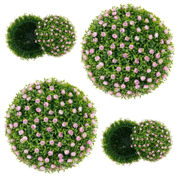 2 kunst vormsnoeibollen 37 cm met roze bloemen kunstplanten in ballen om op te hangen of te staan decoratieve tuinbollen voor binnen buiten 1