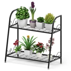 2 laags metalen plantenstandaard binnen / buiten plant plank multifunctionele plant houder en display plank bloempot organisator rek 1