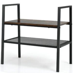 2 laags opbergplank stapelbare schoenenrek houder houten & metalen gaas plank compacte opbergrek organisator rek bruin+zwart 1