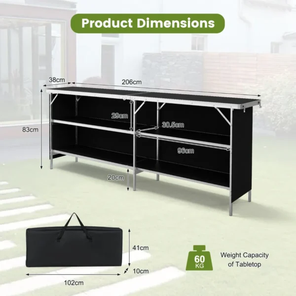 2 laags opvouwbare kampeertafel picknicktafel van aluminium met ruim blad draagtas totale belasting 120 kg 206 x 38 x 83 cm 3
