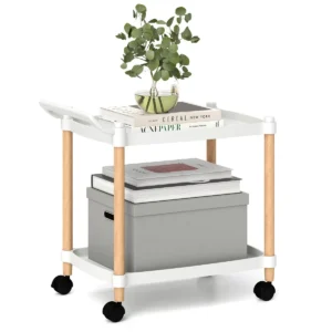 2 laags rolwagen serveerwagen met vergrendelbare wielen en beukenhouten frame multifunctionele opbergwagen voor thuiskantoor wit 1