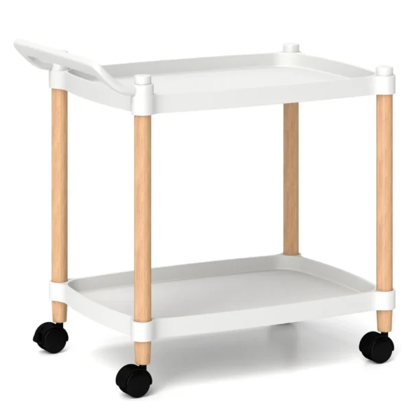 2 laags rolwagen serveerwagen met vergrendelbare wielen en beukenhouten frame multifunctionele opbergwagen voor thuiskantoor wit 2