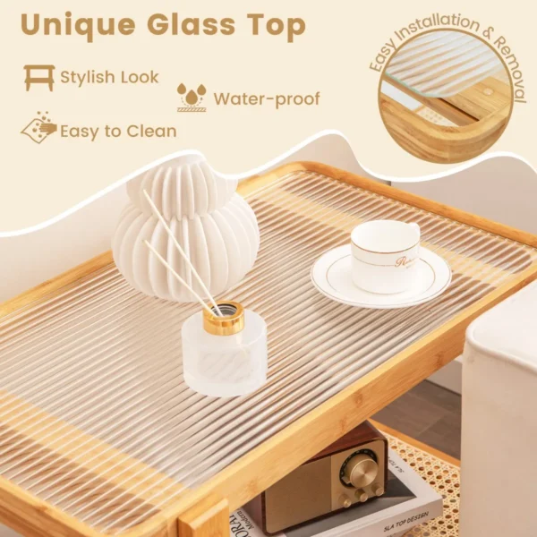 2 niveau bamboe bijzettafel glazen blad pe rotan plank bank bijzettafel nachtkastje compacte salontafel voor slaapkamer woonkamer 4