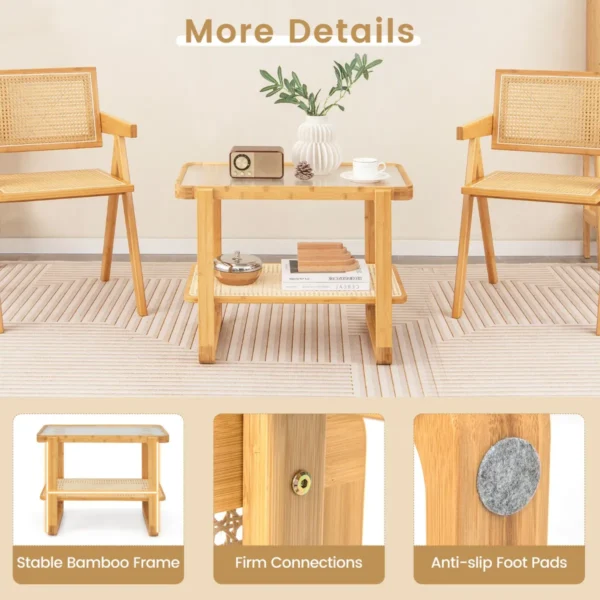 2 niveau bamboe bijzettafel glazen blad pe rotan plank bank bijzettafel nachtkastje compacte salontafel voor slaapkamer woonkamer 7