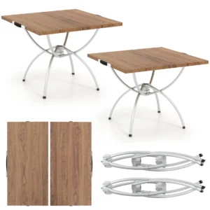 2 pack opvouwbare campingtafel uitschuifbare lichtgewicht picknicktafel met houtnerf tafelblad aluminium frame draagtas 1