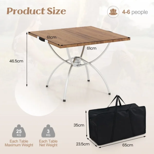 2 pack opvouwbare campingtafel uitschuifbare lichtgewicht picknicktafel met houtnerf tafelblad aluminium frame draagtas 3