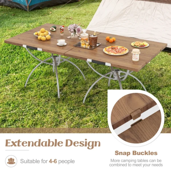 2 pack opvouwbare campingtafel uitschuifbare lichtgewicht picknicktafel met houtnerf tafelblad aluminium frame draagtas 5