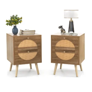 2 rotan nachtkastjes met 2 laden bijzettafel in bohemian stijl met massief houten poten compacte houten salontafel 1