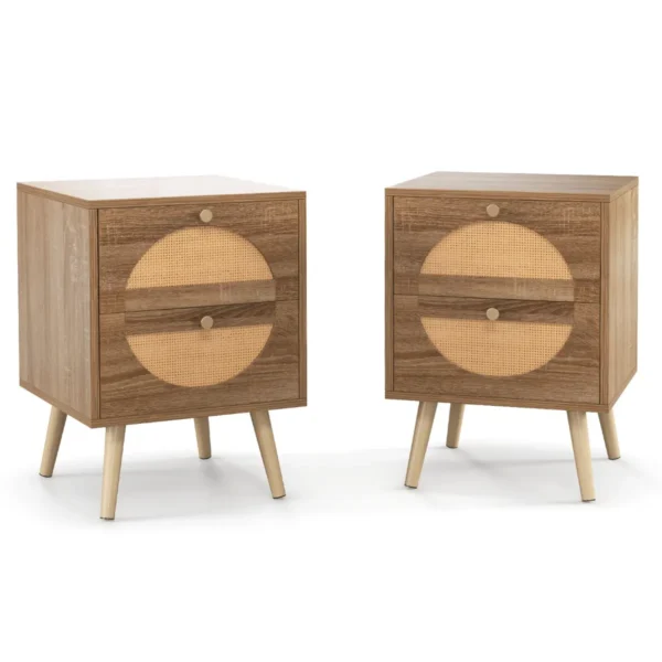 2 rotan nachtkastjes met 2 laden bijzettafel in bohemian stijl met massief houten poten compacte houten salontafel 2