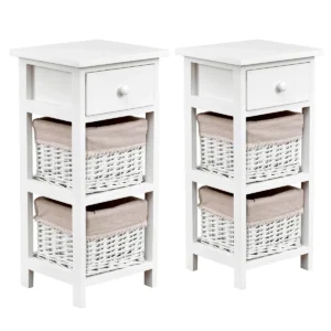 (2 stuks) nachtkastje met lade en 2 opbergmanden bijzettafel rieten dressoir mand commode ladeblok wit 1