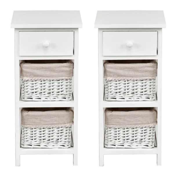 (2 stuks) nachtkastje met lade en 2 opbergmanden bijzettafel rieten dressoir mand commode ladeblok wit 2