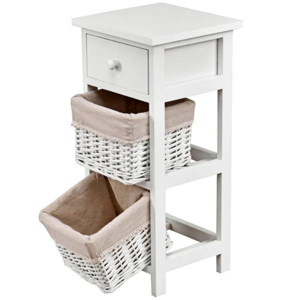 (2 stuks) nachtkastje met lade en 2 opbergmanden bijzettafel rieten dressoir mand commode ladeblok wit 3
