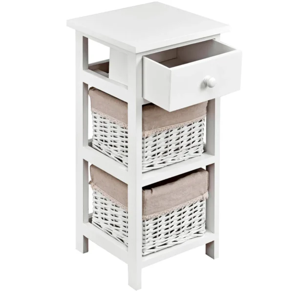 (2 stuks) nachtkastje met lade en 2 opbergmanden bijzettafel rieten dressoir mand commode ladeblok wit 4