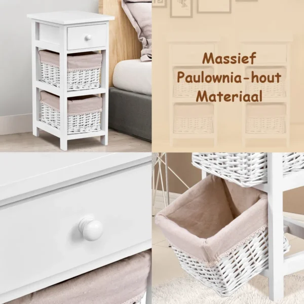 (2 stuks) nachtkastje met lade en 2 opbergmanden bijzettafel rieten dressoir mand commode ladeblok wit 6