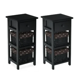 (2 stuks) nachtkastje met lade en 2 opbergmanden bijzettafel rieten dressoir mand commode ladeblok zwart 1
