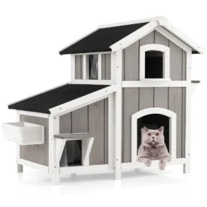 2 verdiepingen tellend houten kattenhuis voor buiten met deuren pvc gordijnen weerbestendig asfalt dak decoratieve plantenbak 1