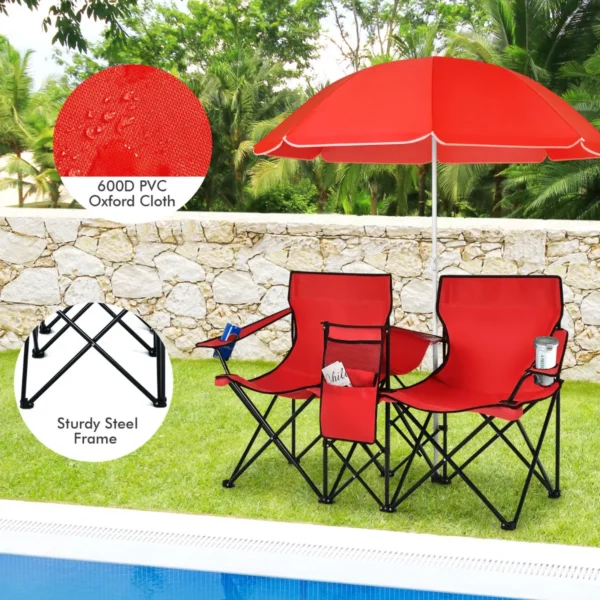 2 zits campingstoel met parasol koeltas bekerhouder en zijzak inklapbare visstoel met draagtas vouwstoel klapstoel voor kamperen (rood) 5
