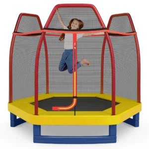 223cm trampoline voor kinderen met veiligheidsnet en springkussen buiten binnen recreatieve trampoline voor kleuters geel 1