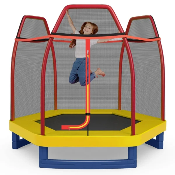223cm trampoline voor kinderen met veiligheidsnet en springkussen buiten binnen recreatieve trampoline voor kleuters geel 1