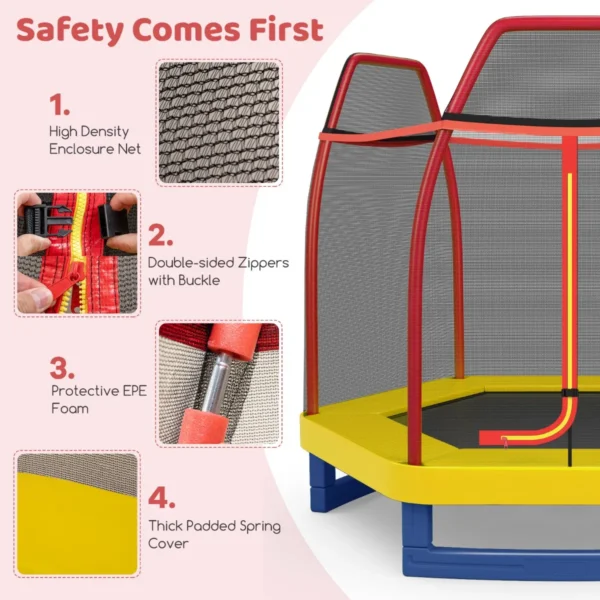 223cm trampoline voor kinderen met veiligheidsnet en springkussen buiten binnen recreatieve trampoline voor kleuters geel 6