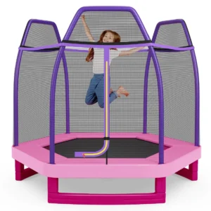 223cm trampoline voor kinderen met veiligheidsnet en springkussen buiten binnen recreatieve trampoline voor kleuters roze 1