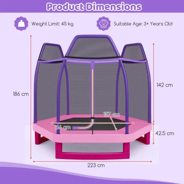 223cm trampoline voor kinderen met veiligheidsnet en springkussen buiten binnen recreatieve trampoline voor kleuters roze 3