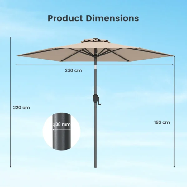230 cm patioparasol robuuste parasol met drukknop kantelfunctie zwengel geventileerd scherm verstelbare hoek grote tafelparasol bruin 3