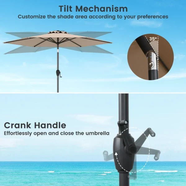 230 cm patioparasol robuuste parasol met drukknop kantelfunctie zwengel geventileerd scherm verstelbare hoek grote tafelparasol bruin 6