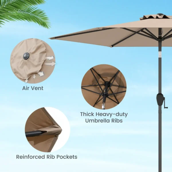 230 cm patioparasol robuuste parasol met drukknop kantelfunctie zwengel geventileerd scherm verstelbare hoek grote tafelparasol bruin 7