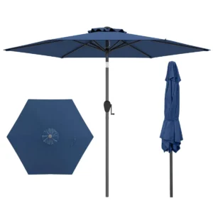 230 cm patioparasol robuuste parasol met drukknop kantelfunctie zwengel geventileerd scherm verstelbare hoek grote tafelparasol donkerblauw 1