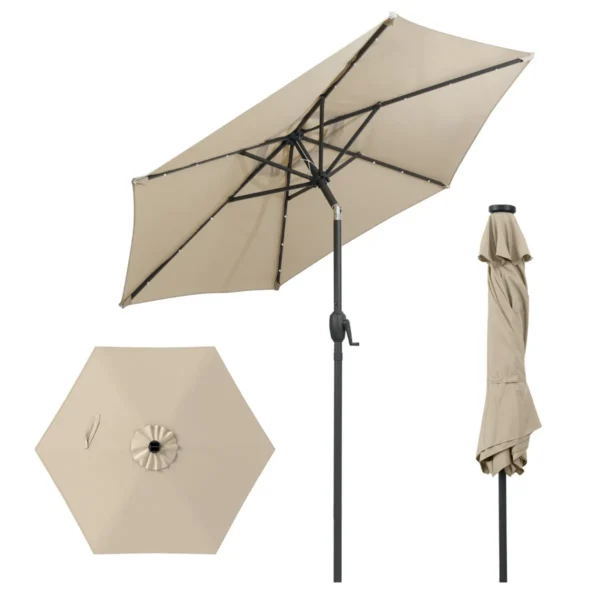 230 cm zonnescherm op zonne energie voor terras stevig zonnescherm met led verlichting kantelknop zwengel geventileerd beige 1