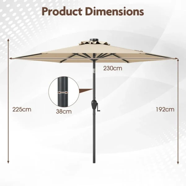 230 cm zonnescherm op zonne energie voor terras stevig zonnescherm met led verlichting kantelknop zwengel geventileerd beige 3