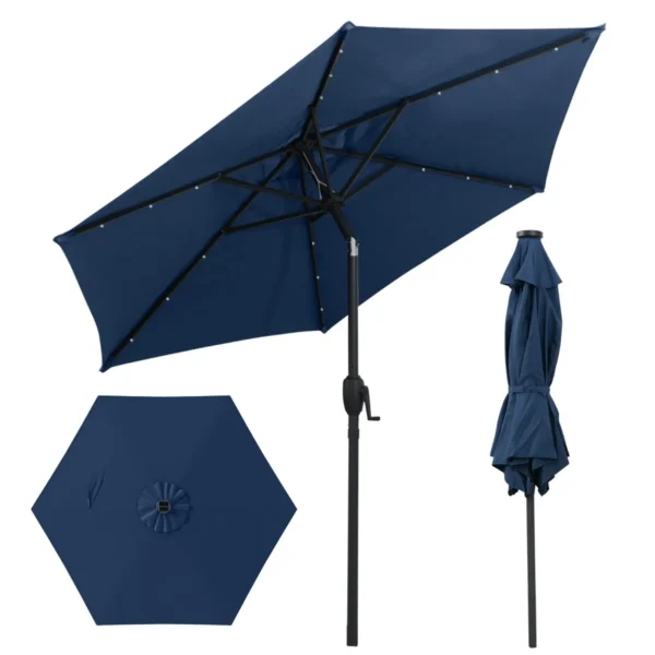 230 cm zonnescherm op zonne energie voor terras stevig zonnescherm met led verlichting kantelknop zwengel geventileerd donkerblauw 1