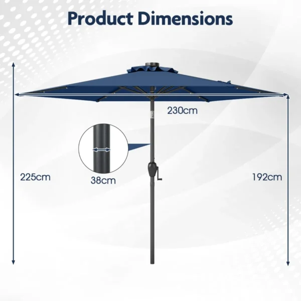 230 cm zonnescherm op zonne energie voor terras stevig zonnescherm met led verlichting kantelknop zwengel geventileerd donkerblauw 3