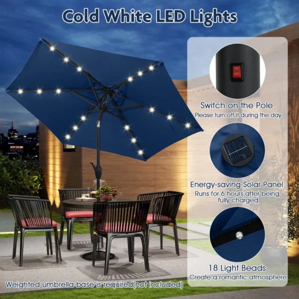 230 cm zonnescherm op zonne energie voor terras stevig zonnescherm met led verlichting kantelknop zwengel geventileerd donkerblauw 5
