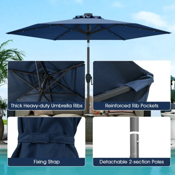 230 cm zonnescherm op zonne energie voor terras stevig zonnescherm met led verlichting kantelknop zwengel geventileerd donkerblauw 6